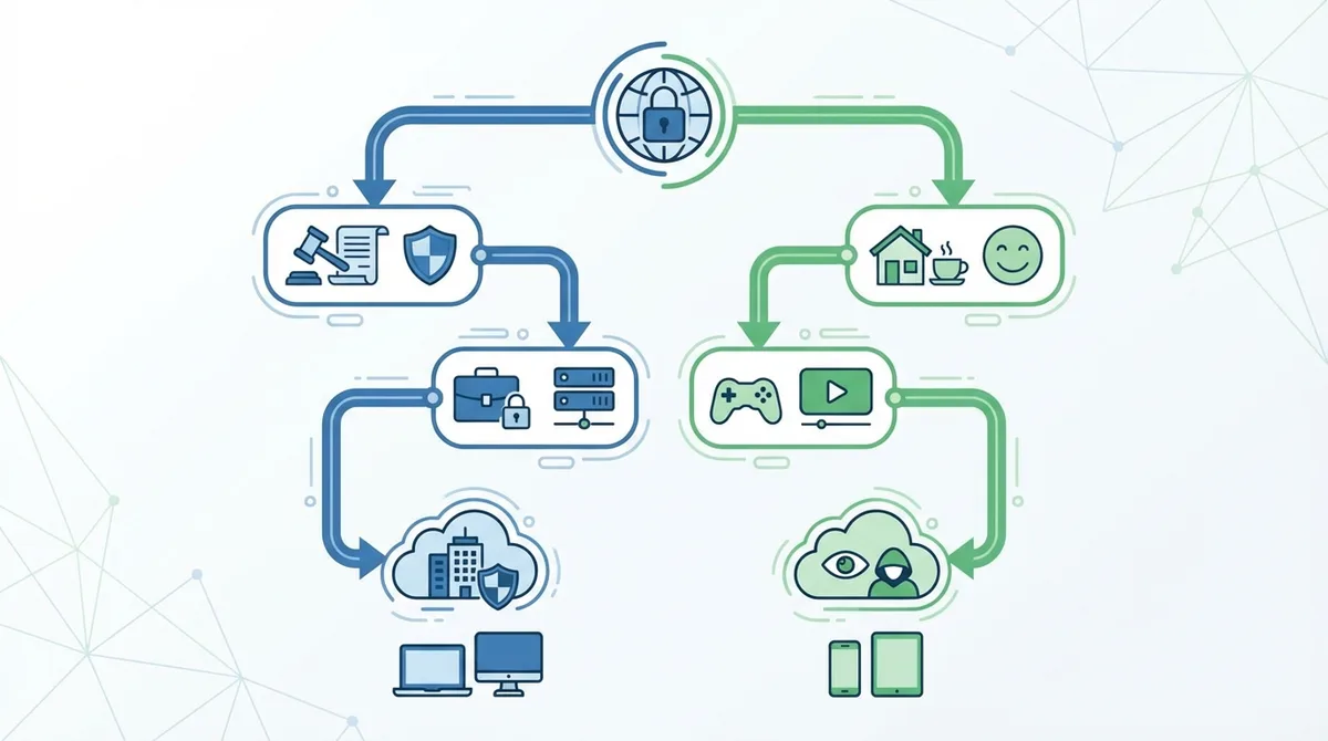 Infographic showing decision tree for VPN selection: Corporate VPN for company work on company devices, Consumer VPN for personal activities on personal devices, with considerations for regulatory compliance, device type, and data sensitivity.