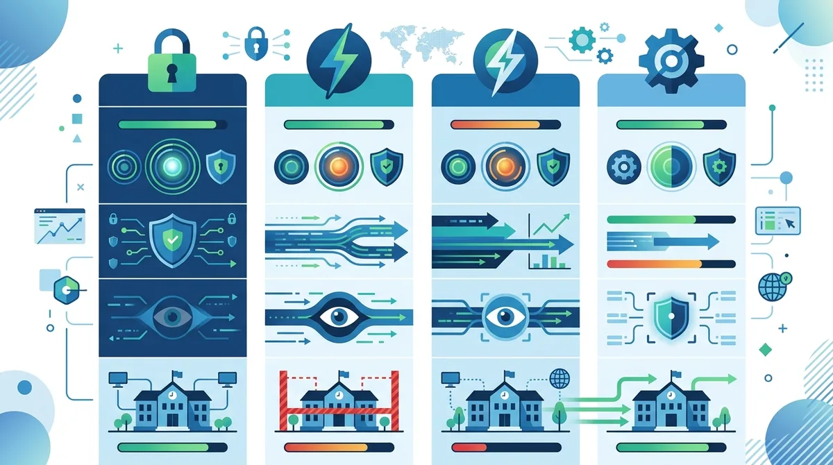 Infographic comparing VPN protocols (OpenVPN, WireGuard, IKEv2, L2TP/IPSec) showing encryption strength, speed, detectability, and campus network compatibility ratings.
