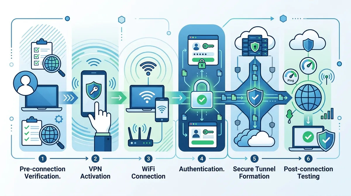 Infographic showing step-by-step VPN connection process on campus WiFi, including pre-connection verification, VPN activation, WiFi connection, authentication, and post-connection testing phases.