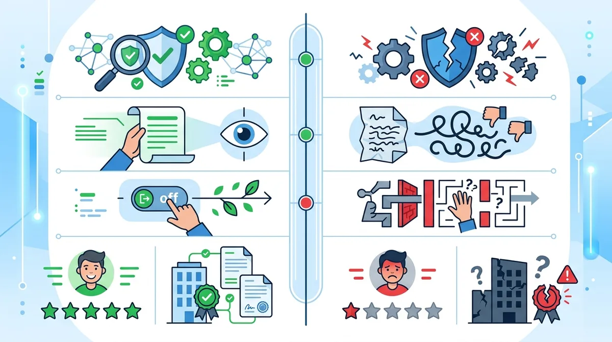 Infographic of VPN provider verification checklist showing legitimate vs. fraudulent indicators with security audit status, privacy policy clarity, cancellation ease, customer review ratings, and company registration verification.