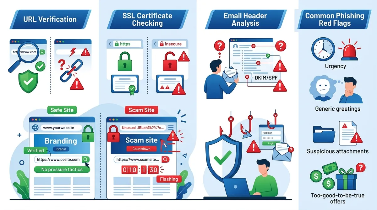 Infographic showing phishing attack prevention techniques including URL verification steps, SSL certificate checking, email header analysis, and common phishing red flags with side-by-side comparison of legitimate vs. fraudulent website indicators.