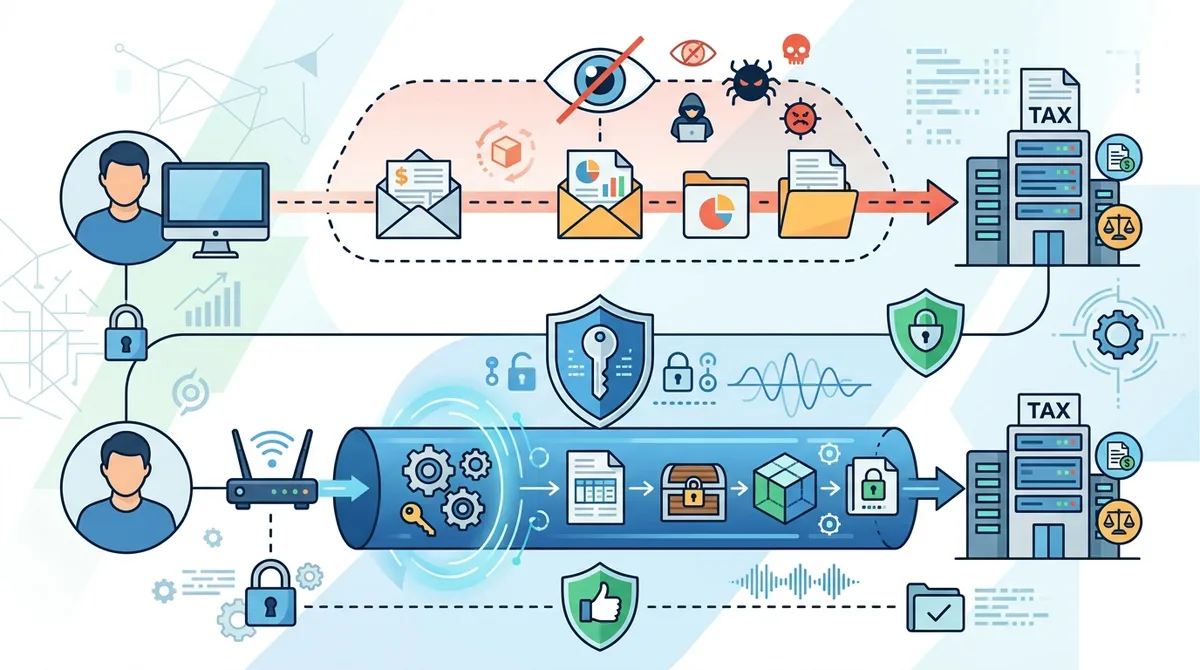 Infographic of VPN encryption showing how data flows through encrypted tunnel with AES-256 standard, comparing unencrypted vs. VPN-protected tax filing connections with visual representation of data packets.