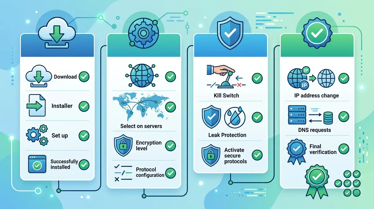 Infographic showing VPN setup checklist with steps for installation, configuration, testing, and verification, including security feature enablement and leak testing with checkmarks for each completed step.