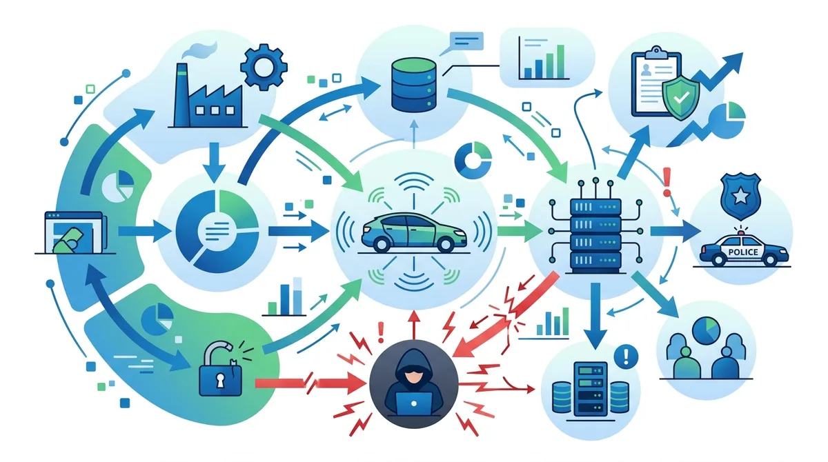 Infographic of vehicle data collection ecosystem showing manufacturers, insurance companies, law enforcement, data brokers, and hackers with data flow arrows and risk indicators.