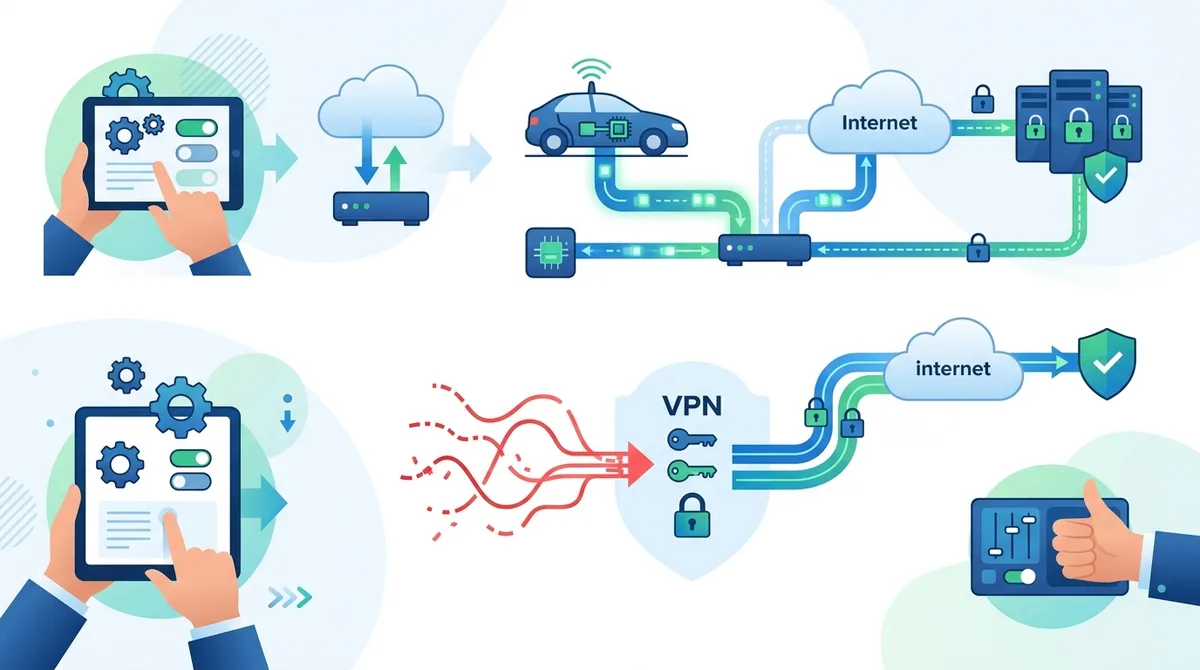 Infographic showing step-by-step VPN configuration for connected vehicles with router setup, network architecture, and traffic encryption flow diagrams.