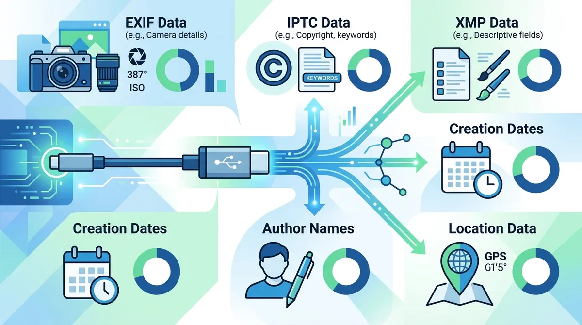 Infographic showing types of file metadata (EXIF, IPTC, XMP, creation dates, author names, location data) that leak during USB-C transfers, with percentage of users unaware of each type.