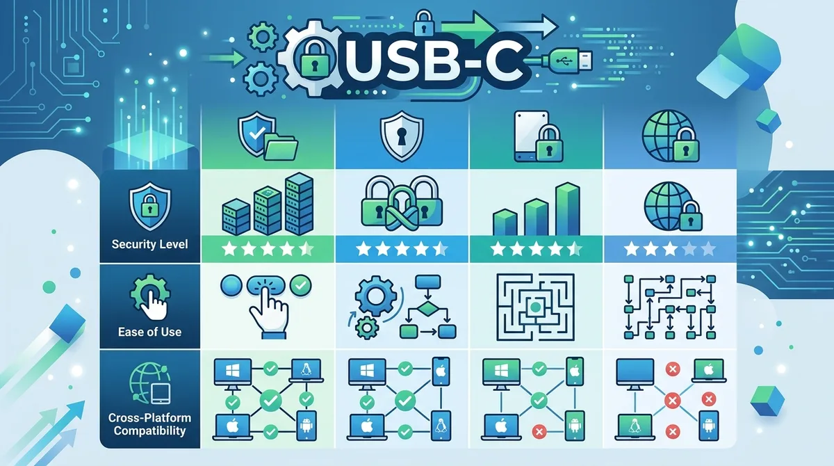 Infographic comparing encryption methods for USB-C transfers, showing VeraCrypt vs BitLocker vs hardware-encrypted drives vs full-disk encryption, with security levels, ease of use, and cross-platform compatibility ratings.