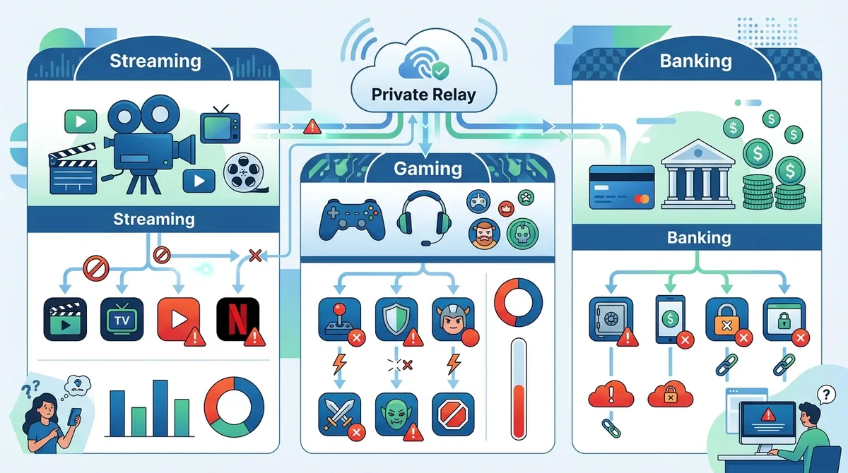 Infographic showing compatibility issues with Private Relay across streaming services, gaming platforms, and banking apps, with percentage of users experiencing problems.