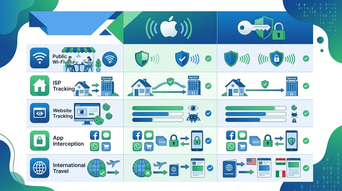 Infographic comparing threat protection: iCloud Private Relay vs VPN across public Wi-Fi, ISP tracking, website tracking, app interception, and international travel scenarios.