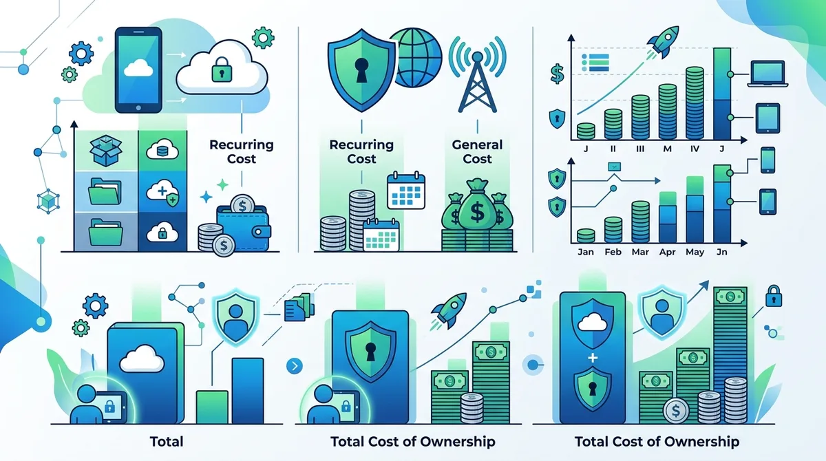Infographic showing cost comparison: iCloud+ ($0.99-$9.99/month for 50GB-2TB storage plus Private Relay), VPN services ($3-$12/month), and total cost of ownership for different privacy strategies.