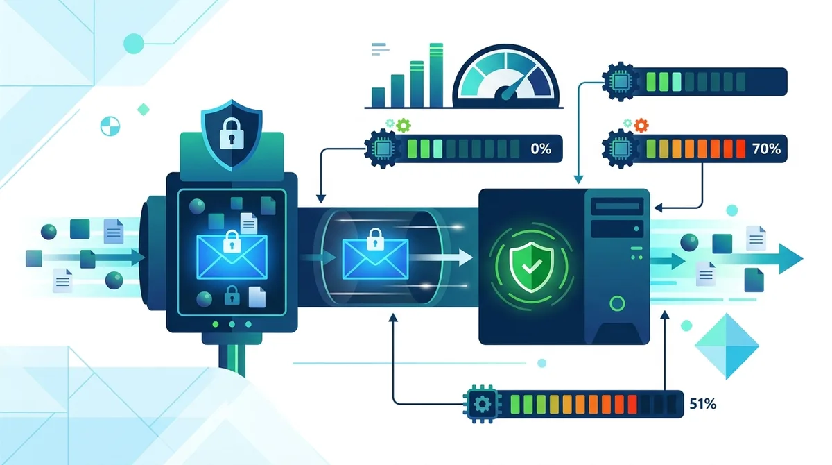 Infographic of VPN encryption and Windows Defender interaction showing traffic flow through both security layers with CPU overhead percentages.